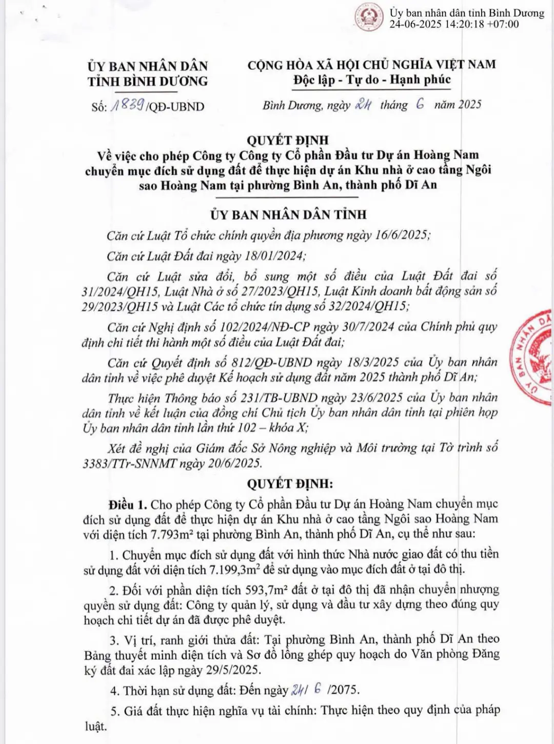 Pháp lý Bcons Aria Dĩ An quyết định 1/500