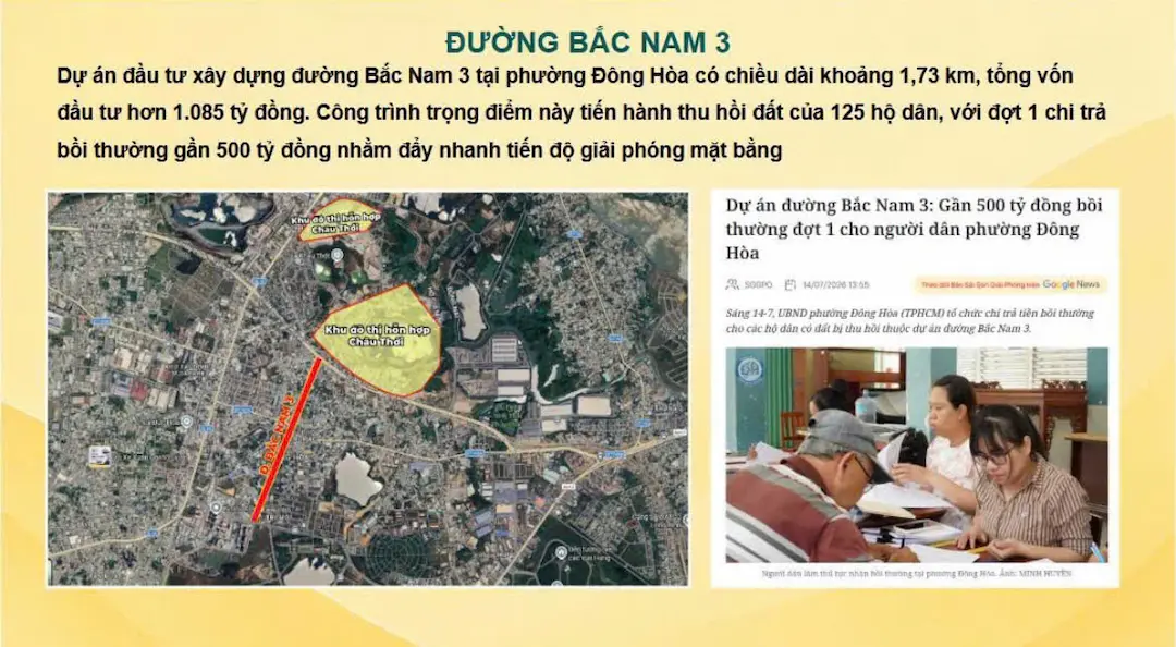 Quy hoạch đường Bắc Nam 3 cạnh vị trí Bcons Aria Dĩ An