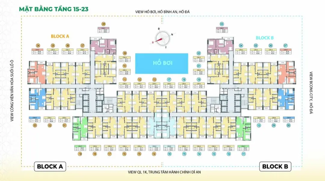 Sơ đồ mặt bằng tầng 15-23 Dự án Bcons Aria Dĩ An