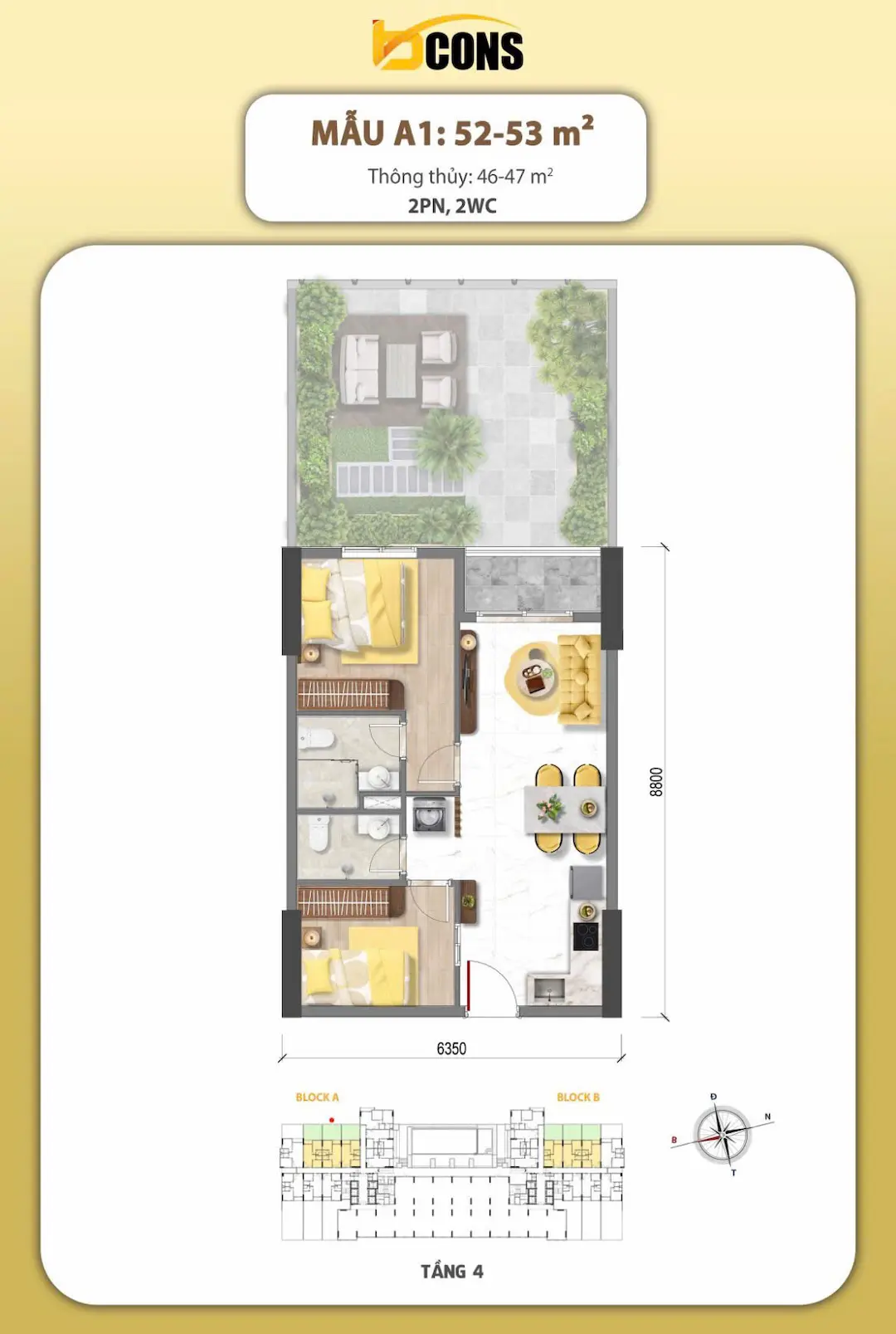 Thiết kế căn hộ sân vườn Bcons Aria mẫu A1 53m2 Dĩ An