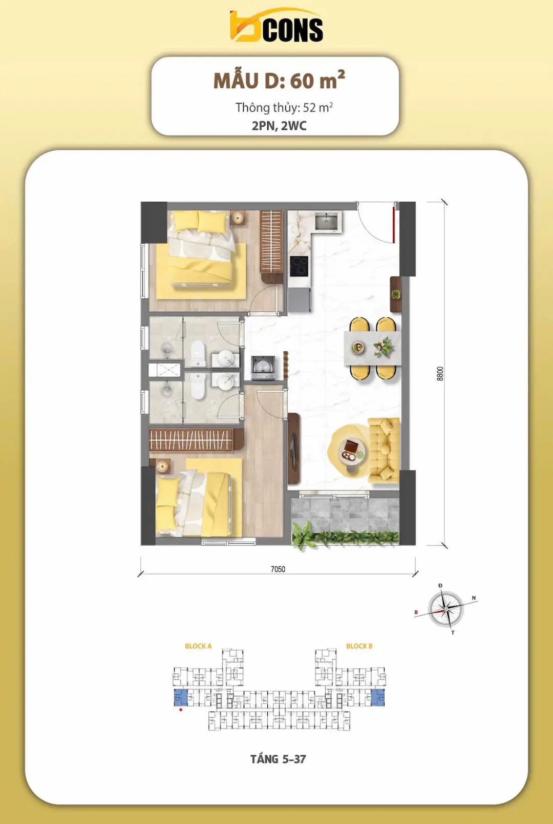 Thiết kế mặt bằng Bcons Aria Dĩ An mẫu D chuẩn 60m2