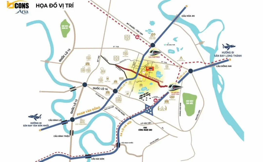 Vị trí kết nối giao thông căn hộ Bcons Aria Dĩ An