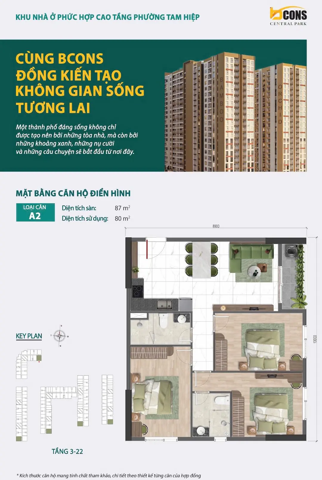 Bản vẽ căn hộ A2 3PN Bcons Central Park Tam Hiệp Đồng Nai