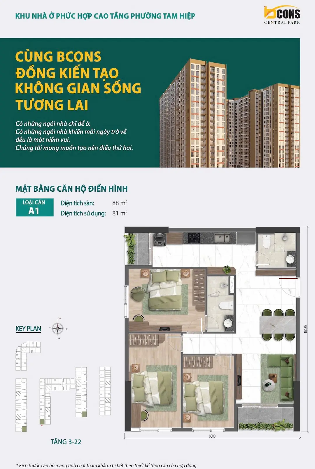 Mặt bằng căn hộ 3PN A1 Bcons Central Park Biên Hòa